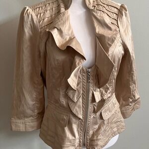 White House Black Market Women's Beige Gold Ruffle Zip Front 3/4 Sleeve Jacket